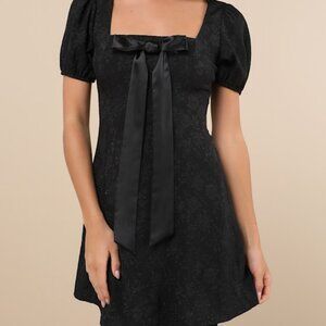 Polished Sweetie Black Jacquard Bow Puff Sleeve Mini Dress